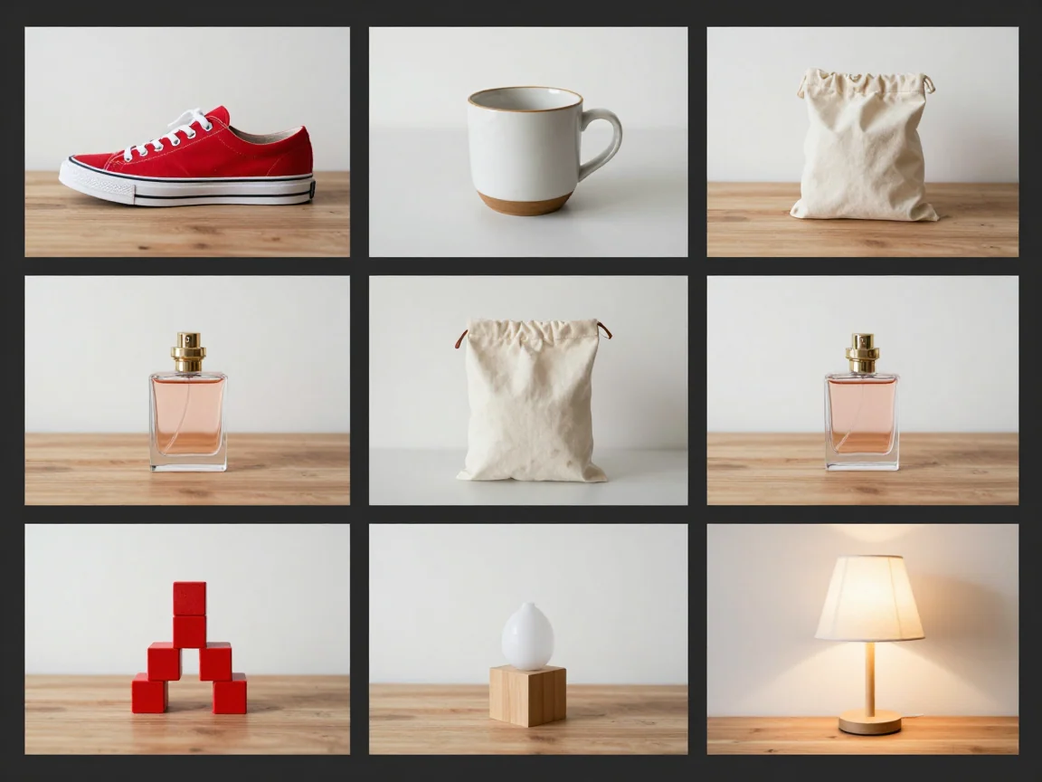 A gallery of product photo references with different original backgrounds.