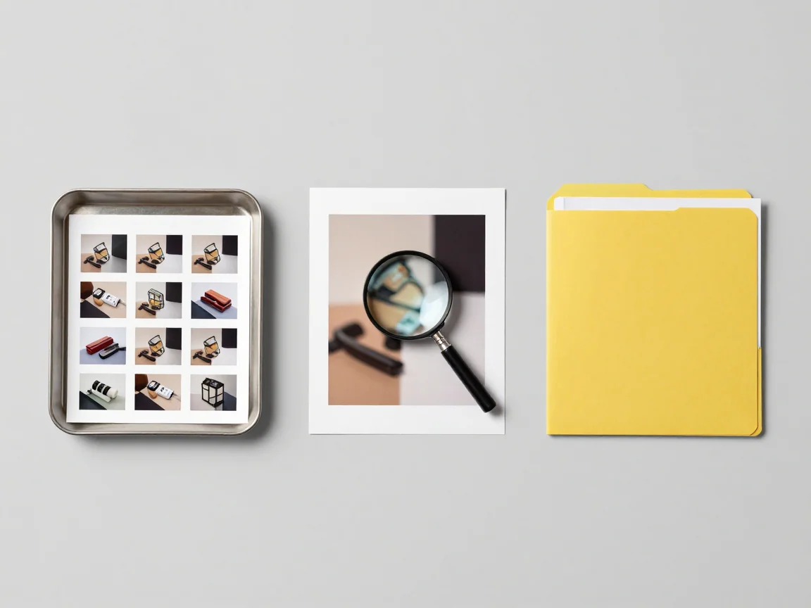 Three visual stages for uploading a set, inspecting individual images, and collecting the files.