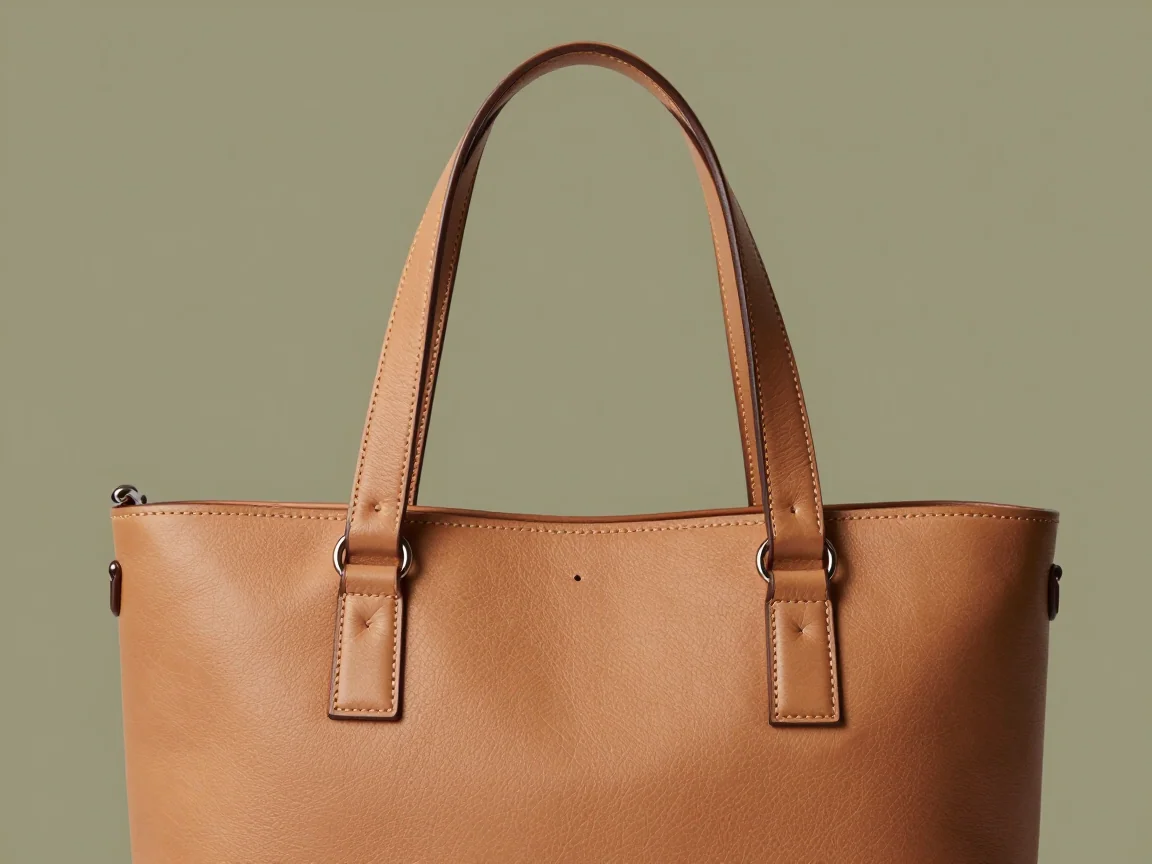 A handbag with straps, stitching, and small hardware details.