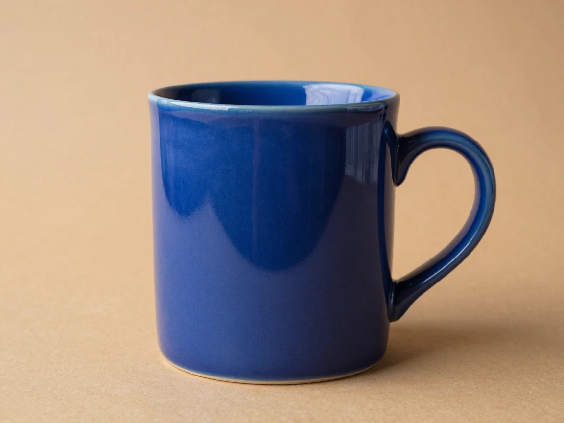 A blue mug whose handle opening needs careful inspection.