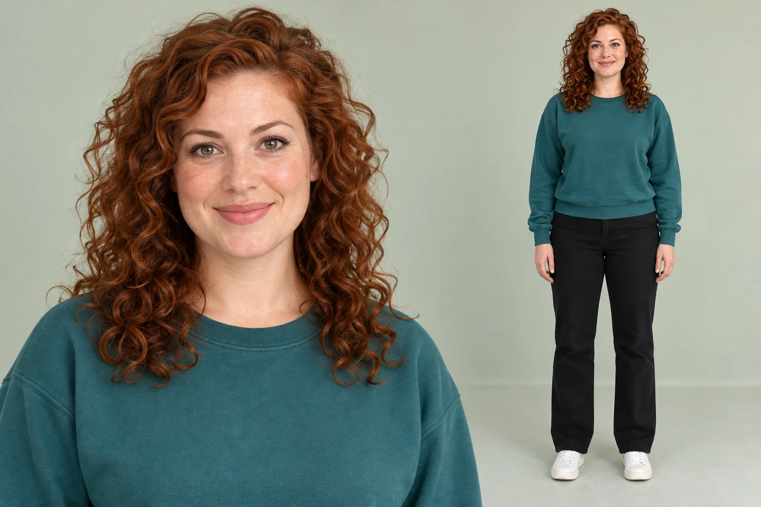 Clear portrait and full-body reference views of a woman in teal clothing