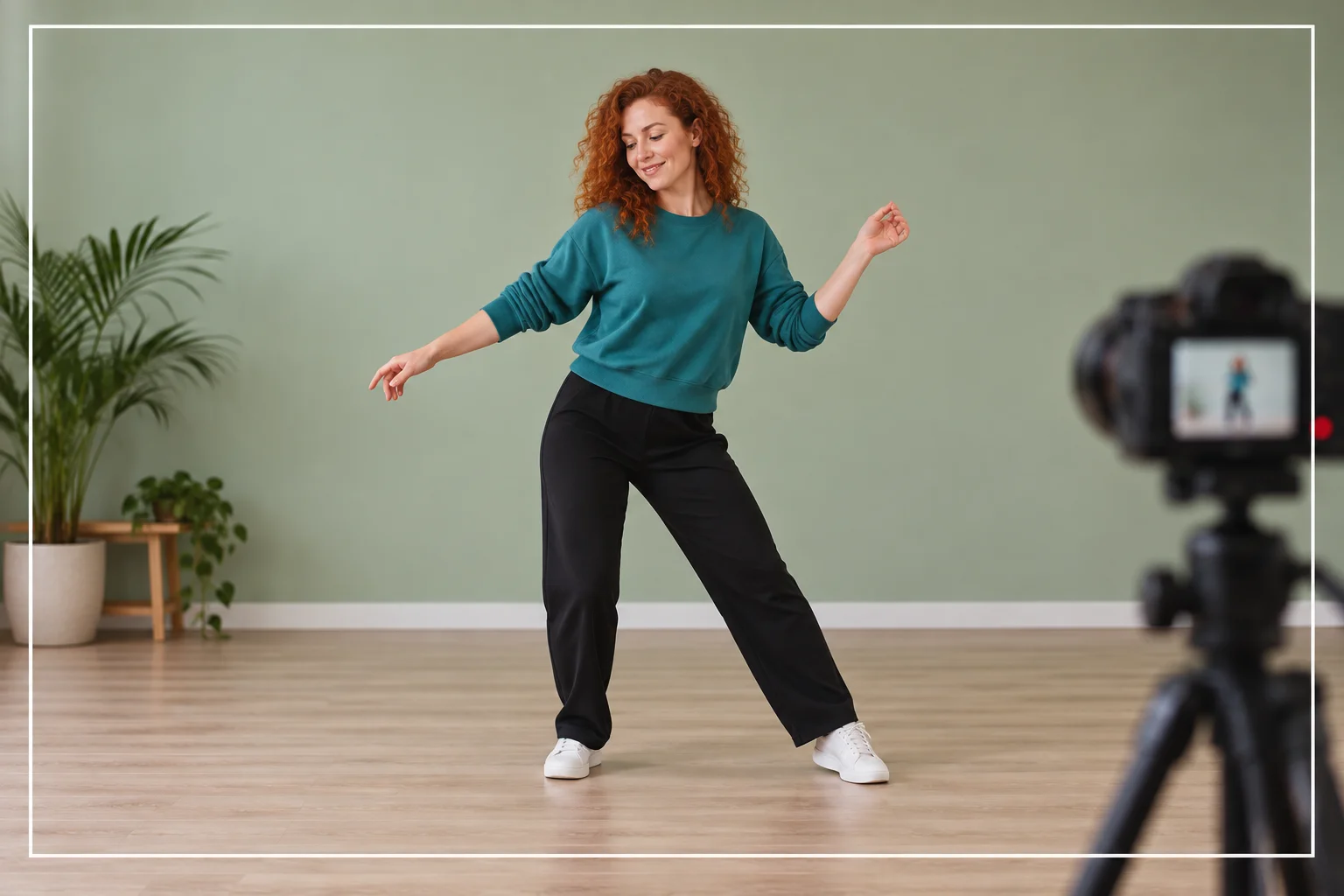 Full-body dancer within a framing guide against an uncluttered background