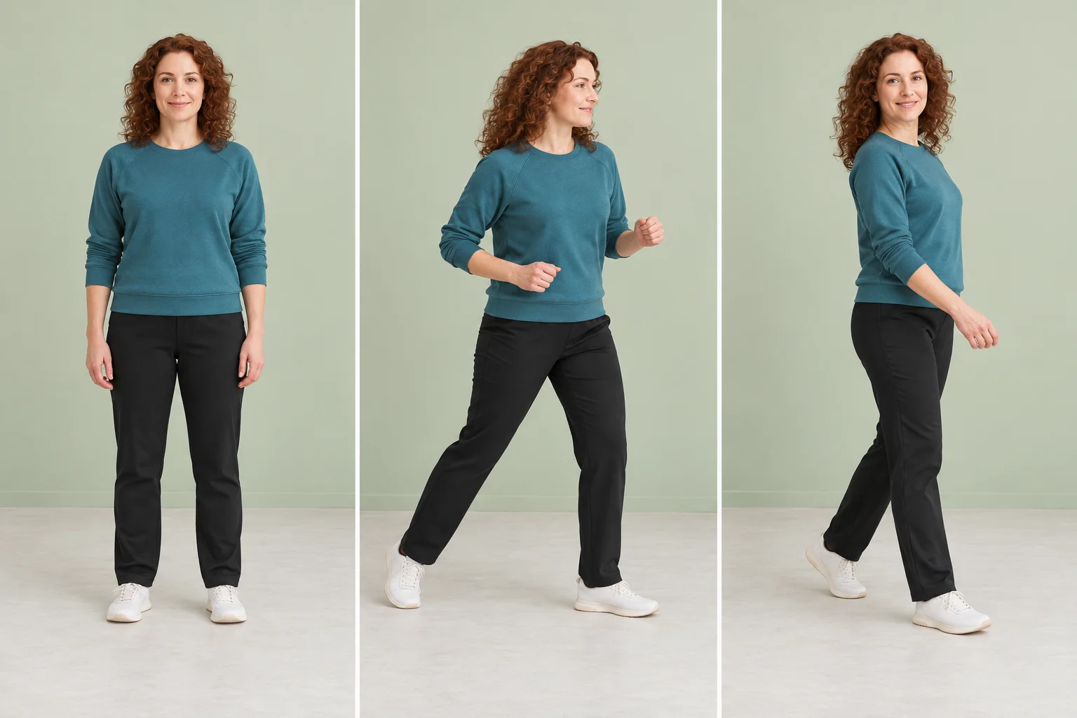 Three poses separating a balanced stance, sideways step and gentle turn