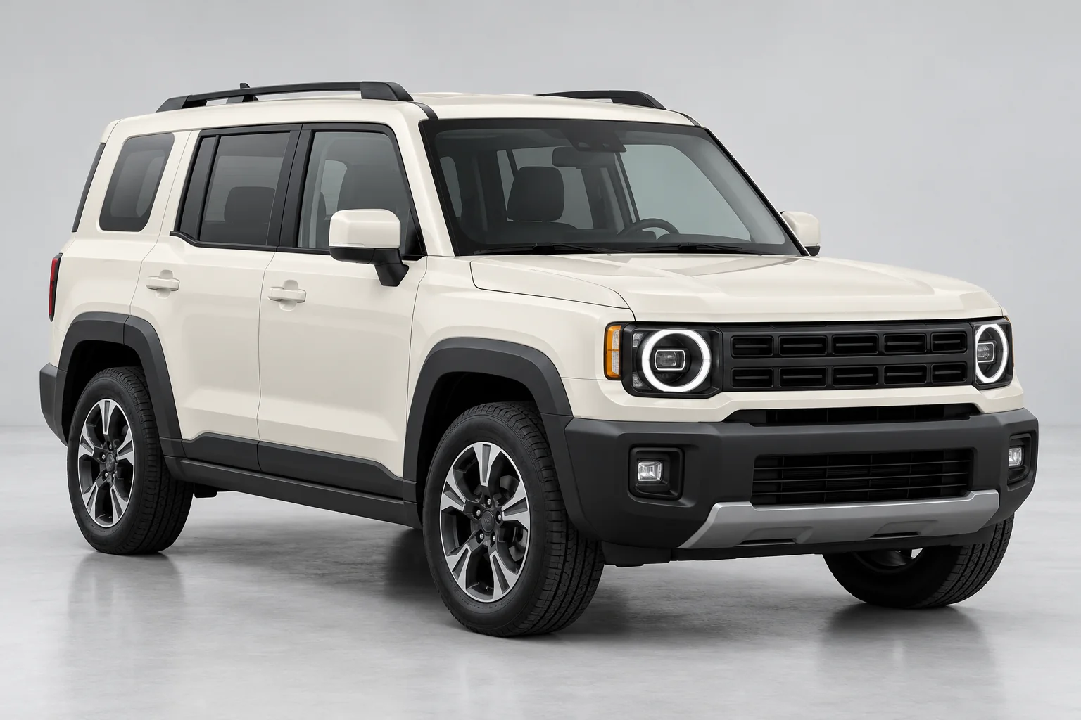 دراسة مدخل المركبة: منظر كامل لسيارة SUV بلون العاج يُبقي العجلات وخط السقف ظاهرين.